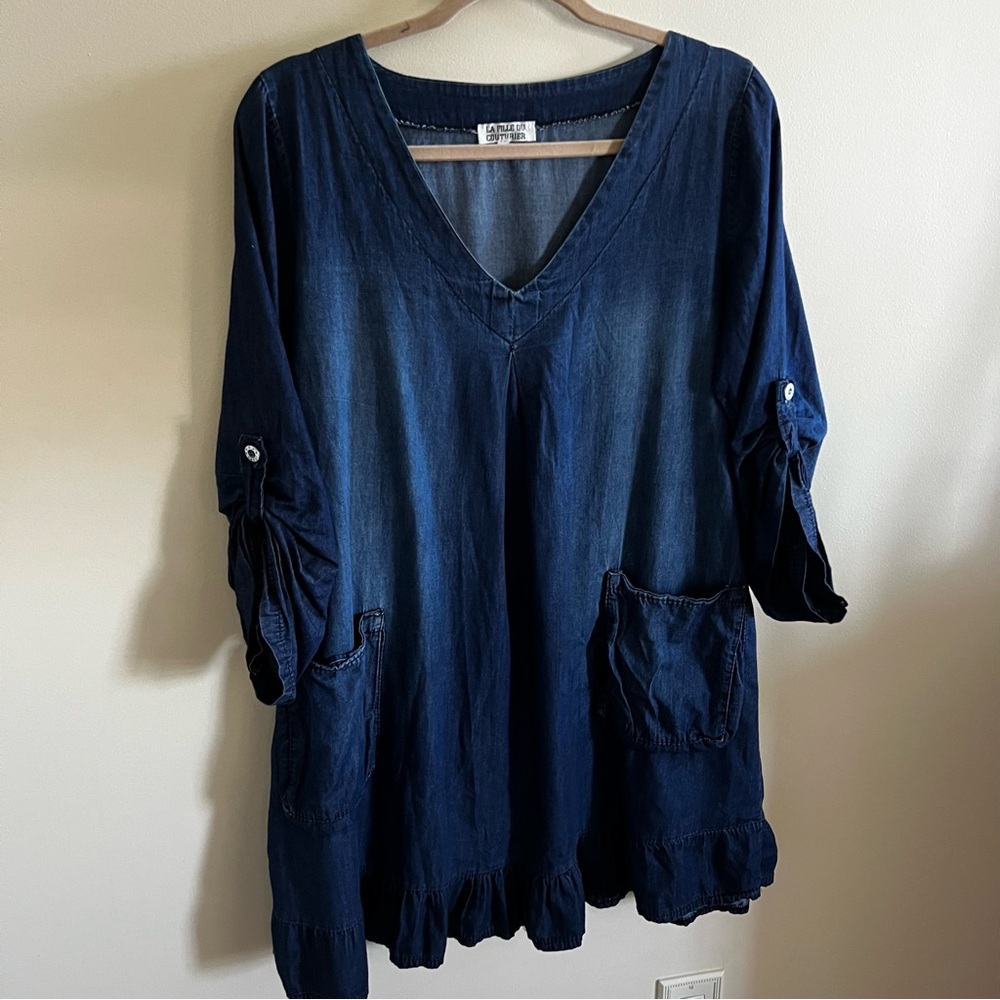 La Fille du Couturier Chambray Dark Wash Cotton Italy Made Dress Pockets 40 Sz 8